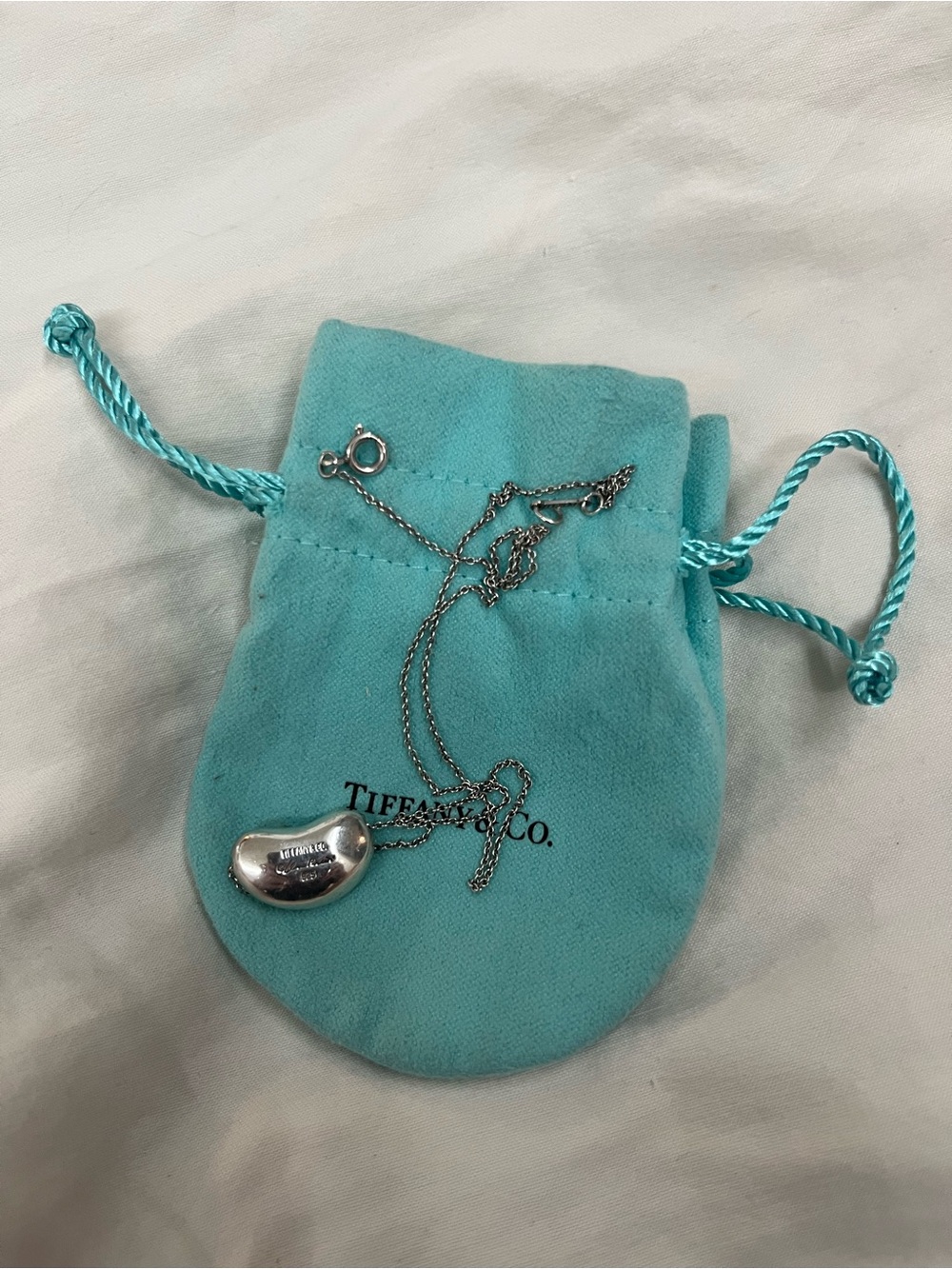 Tiffany & Co. Sterling Silver Bean Pendant Necklace on Tiffany Blue Pouch